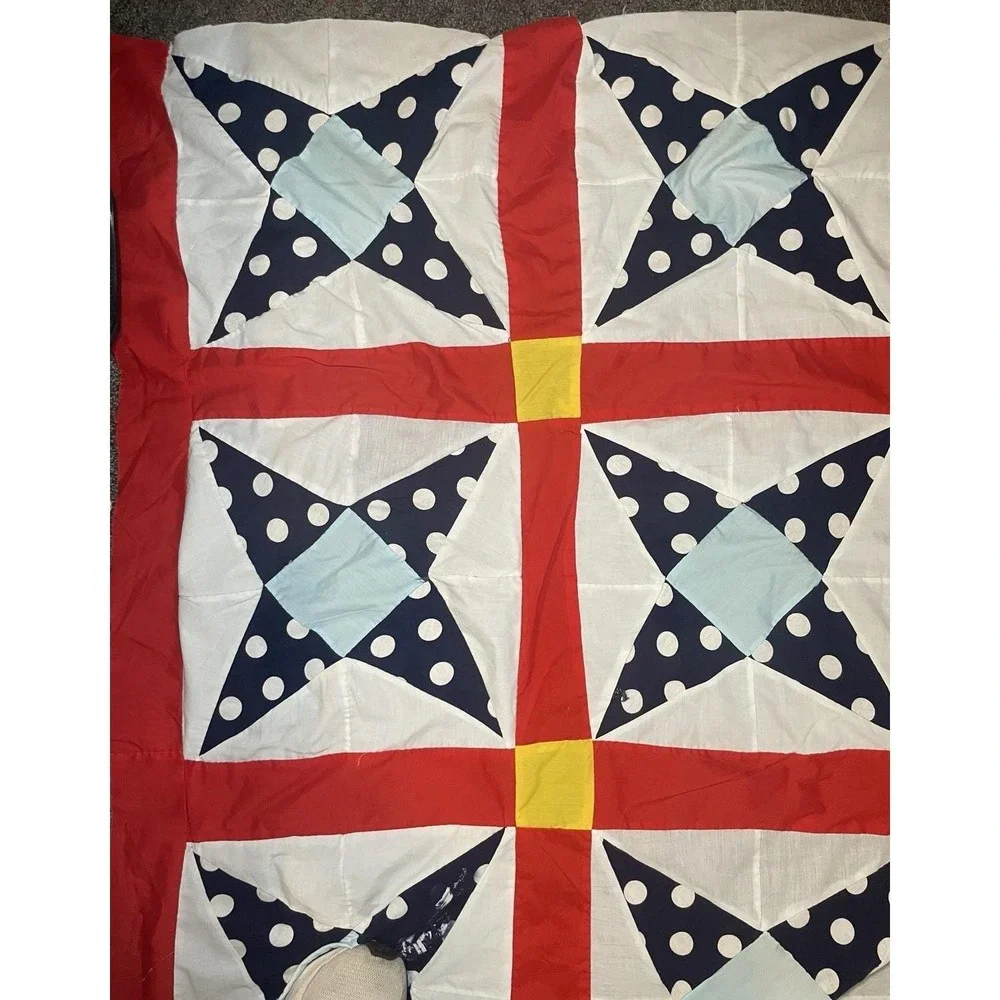 Classic Patriotic Americana Quilt Top 64x90 Modern Farmhouse Boho Red Blue Vivid